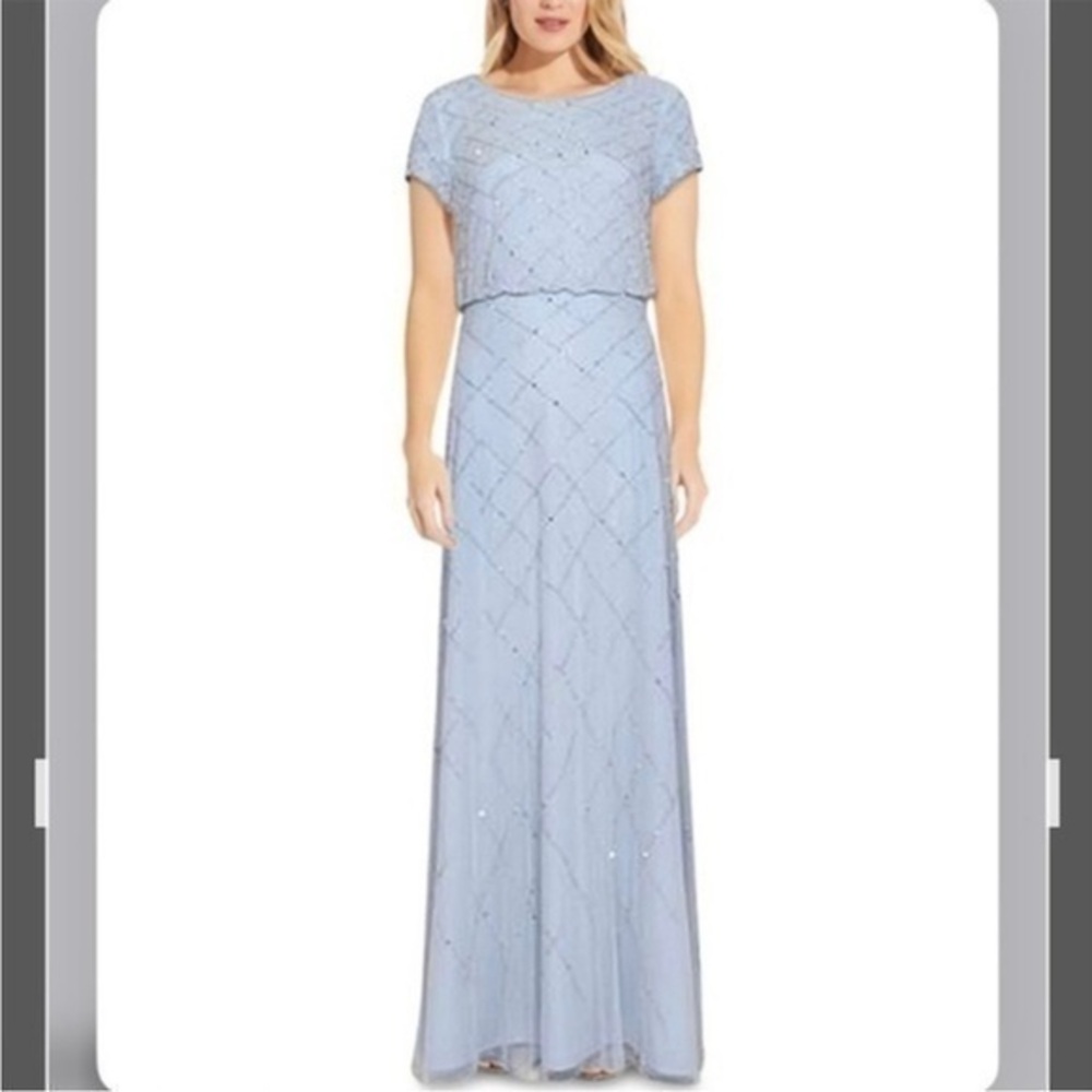 ADRIANNA PAPELL Beaded Blouson Gown in Glacier Blue